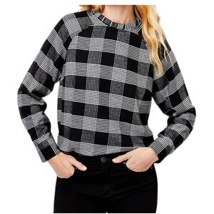 LOFT Women's Black White Plaid Mock Neck Long Sleeve Blouse Top Size M